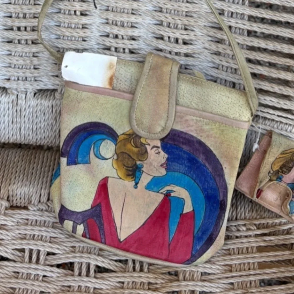 Emily Ann Vintage Painted Leather Crossbody Bag Art Deco Woman Portrait